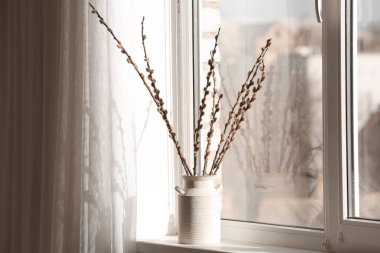 Vase with pussy willow branches on windowsill in room
