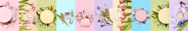 Collage of makeup cosmetics with spring flowers on color background
