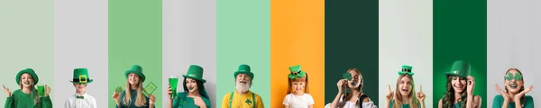 Set of different people on color background. St. Patrick\'s Day