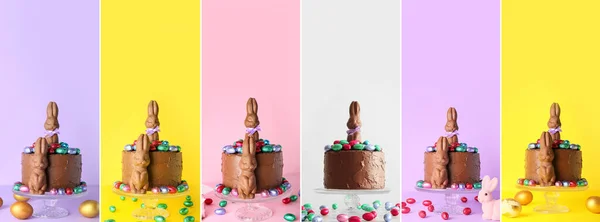 Collage with tasty Easter cakes, chocolate bunnies and eggs on colorful background