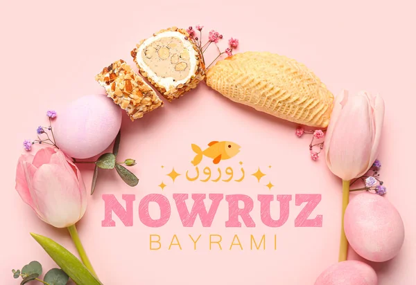 Greeting Card Novruz Bayram Flowers Eggs Sweets — Stock Photo, Image