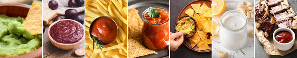 Collage of tasty dishes with delicious sauces on table