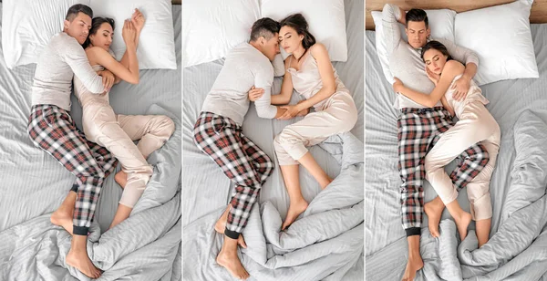 Set of young couple sleeping in bed, top view
