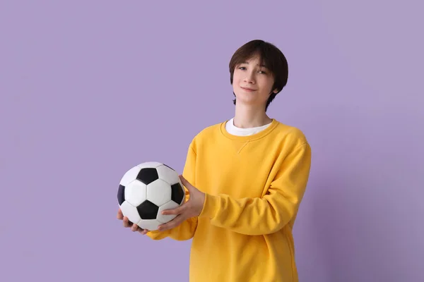 Teenage Boy Soccer Ball Lilac Background — Stock Photo, Image