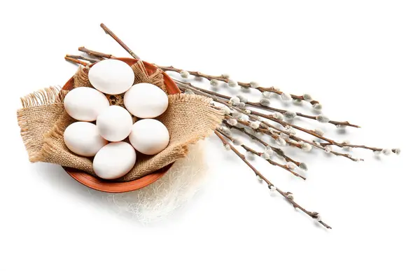 Bowl Easter Eggs Willow Branches White Background — Zdjęcie stockowe