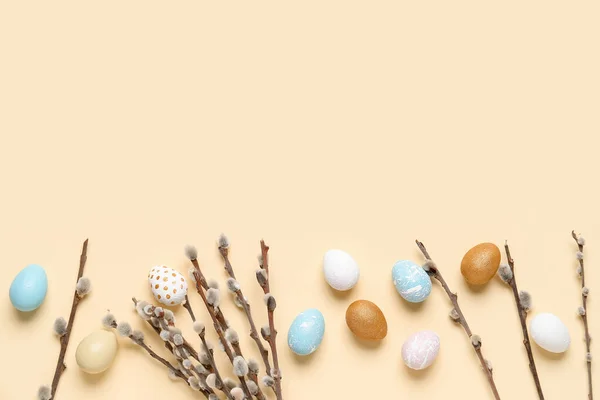 Willow Branches Beautiful Easter Eggs Color Background — Foto Stock