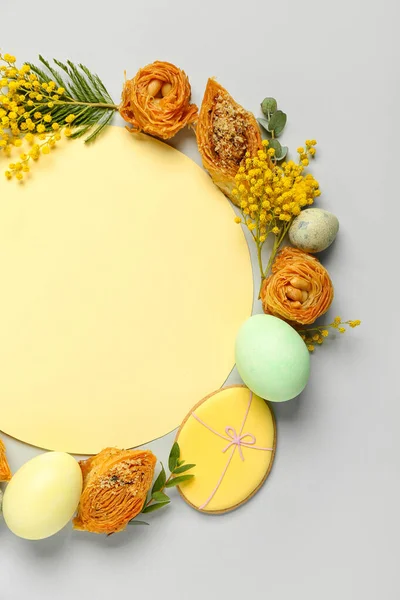 Blank Card Flowers Eggs Treats Grey Background Novruz Bayram Celebration — стокове фото
