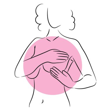 Woman checking her breast on white background. Cancer awareness concept