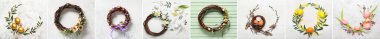 Collage with many beautiful Easter wreaths