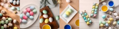 Collage with many painted Easter eggs, top view