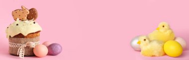 Delicious Easter cake with eggs and chickens on pink background. Banner for design