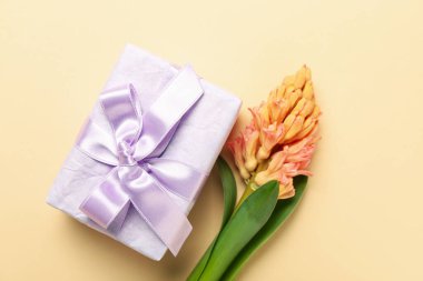 Gift box and beautiful hyacinth flower on orange background. Hello spring
