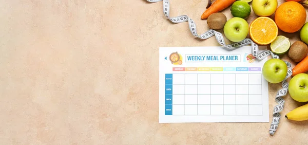 Weekly meal plan, measuring tape and different healthy products on grunge background with space for text. Diet concept