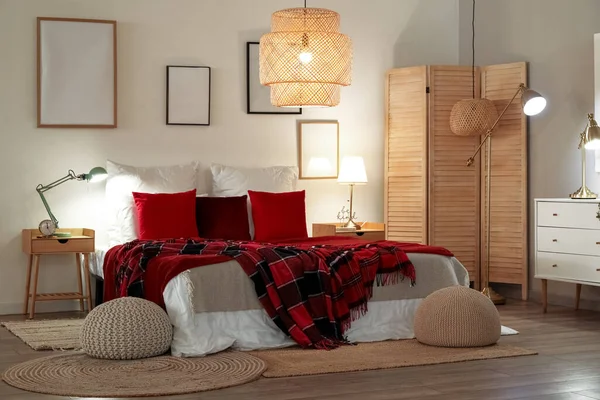 Interior Bedroom Red Checkered Blankets Bed Blank Frames Glowing Lamps — Stock Photo, Image
