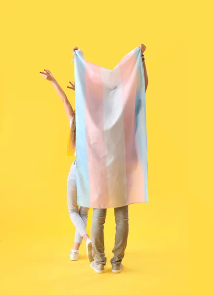 Young couple with transgender flag on yellow background, back view