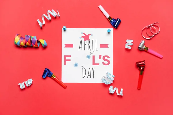 Card Text April Fool Day Serpentine Whistles Red Background — Foto de Stock