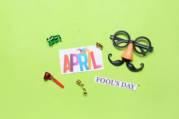 Composition Text April Fool Day Party Decor Serpentine Green Background — Foto de Stock