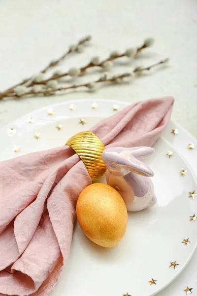 Stylish Table Setting Easter Egg Ceramic Bunny Willow Branches Light — Stock Photo, Image