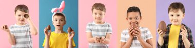 Set of cute little boys with chocolate Easter eggs on colorful background