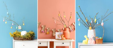 Collage of beautiful Easter decorations on tables near color walls in rooms