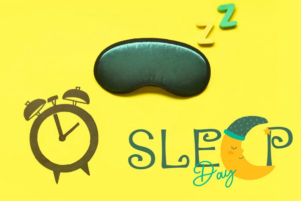 Banner for World Sleep Day with blindfold and drawn alarm clock