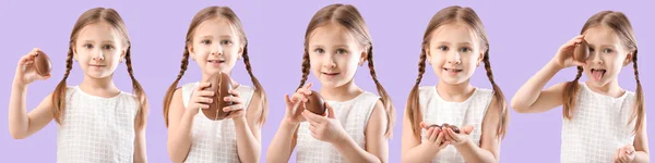 Set of cute little girl with chocolate Easter eggs on lilac background
