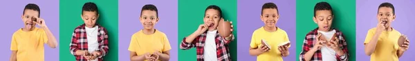 Set of cute little African-American boy with chocolate Easter eggs on colorful background