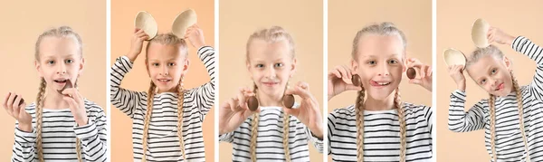 Set of cute little girl with chocolate Easter eggs on beige background