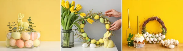 Collage Beautiful Easter Wreaths Decorations Room Interiors — Stock Photo, Image