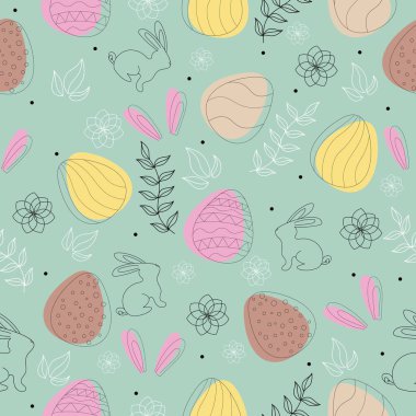 Many drawn Easter eggs, bunnies and flowers on green background. Texture for design