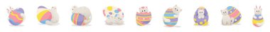 Set of cute cat with Easter eggs on white background