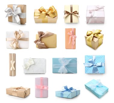 Set of different gifts isolated on white