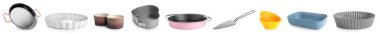 Collection of baking utensils on white background