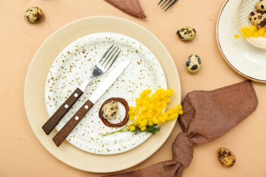 Stylish table setting with Easter eggs and mimosa flowers on color background