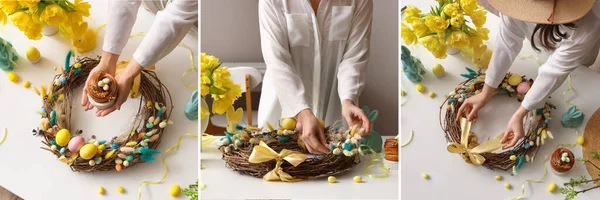Collage Woman Making Beautiful Easter Wreath — 스톡 사진