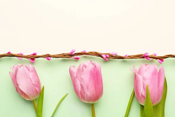 Blank Greeting Card Vine Beautiful Tulip Flowers Green Background — Stok fotoğraf