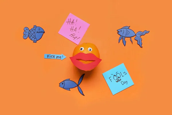 Creative Composition Orange Paper Decor Color Background April Fool Day — Stock Fotó