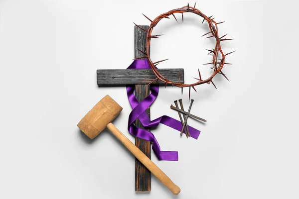 Cross Purple Ribbon Nails Hammer Crown Thorns Light Background Good — Stockfoto
