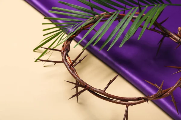Crown Thorns Palm Leaf Purple Fabric Beige Background Closeup Good — Foto de Stock