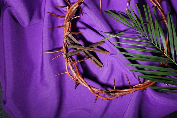 Crown Thorns Nails Palm Leaf Purple Fabric Background Good Friday — Foto de Stock