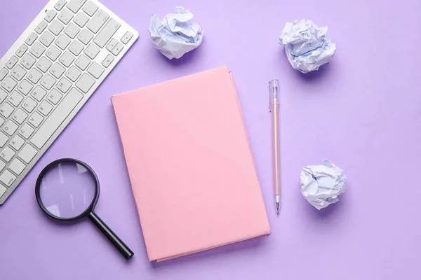 Blank Book Pen Magnifier Keyboard Crumpled Paper Lilac Background World — Stock Photo, Image