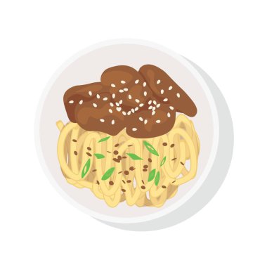 Tasty Chinese dish with noodles and meat on white background