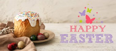 Easter greeting card with delicious cake and eggs on light background