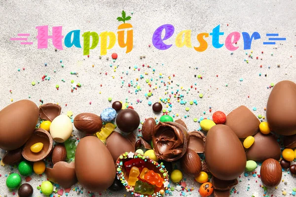 Easter Greeting Card Delicious Chocolate Eggs Light Background — Stock fotografie