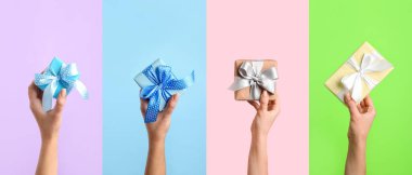 Set of hands holding gift boxes on colorful background
