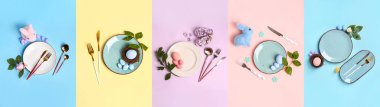 Collage of beautiful table settings for Easter dinner on color background, top view