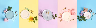 Set of beautiful table settings for Easter dinner on color background, top view