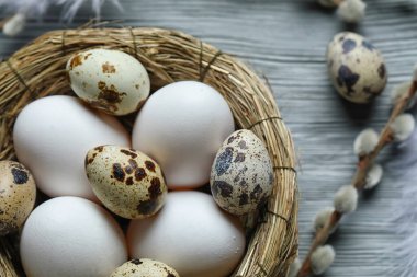 Nest of Easter eggs on grey wooden table, closeup