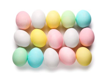 Composition with beautiful painted Easter eggs on white background
