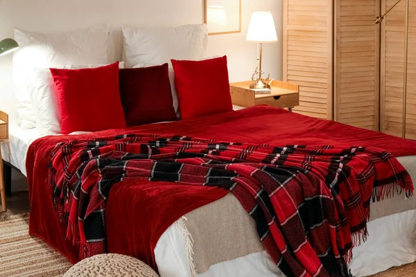 Interior Bedroom Red Checkered Blankets Bed Blank Frames Glowing Lamps — Stock Photo, Image